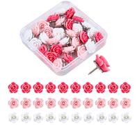 SUNNYCLUE 1 Box 3 Colors 30Pcs Rose Push Pins Flower Thumb Tacks Pink Red Floral Spring Romantic Valentine Day Cord Board Thumbtack Pushpins for Hanging Pictures Photo Home Office Bulletin Accessories