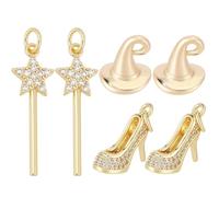 SUNNYCLUE 1 Box 3 Styles Real 18K Gold Plated Witchy Charms Bulk Witch Hat Charms Gold Dance Shoes Star Magical Magic Stick Wand Pendants for Jewelry Making Women Bracelets Birthday Halloween Supplies
