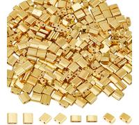 SUNNYCLUE 1 Box 300Pcs 2 Sizes Gold Tila Beads Bulk Two Hole Seed Beads Half Cut 5mm 1/2 Tila Bead Spacers Glass Mini Rectangle Flat Square Seed Beads for Jewellery Making Bracelets Earring DIY Crafts