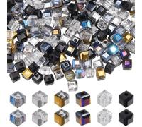 SUNNYCLUE 1 Box 300pcs 6 Colors 4mm Faceted Cube Beads Glass Cube Crystal Beads Black Transparent Electroplating Color Loose Square Spacers for Jewellery Making Supplies DIY Craft Necklace Bracelet