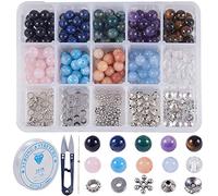SUNNYCLUE 1 Box 300pcs Natural Stone Bead Bracelets Making Kit Include Round Gemstone Loose Beads & Metal Alloy Spacer Beads & Elastic Crystal Thread & Scissors for Jewellery Making Accessories