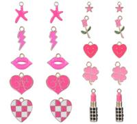 SUNNYCLUE 1 BOX 30Pcs 10 Stlyes Bright Pink Charm Heart Enamel Charms Lipstick Flower Four Leaf Clover Lips Valentines Charms for jewellery Making Charms DIY Necklace Bracelet Earring Crafting Beginne