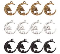 SUNNYCLUE 1 Box 30Pcs Gothic Style Moon Charms Skull Charm Double Sided Crescent Moon Skeleton Head Charms Halloween Black Metal Charms for jewellery Making Charm DIY Necklace Earrings Keychain Craft