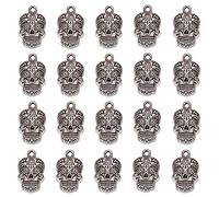 SUNNYCLUE 1 Box 30Pcs Skull Charms Halloween Skeleton Head Charm Tibetan Style Antique Silver Flower Pattern Gothic Skull Metal Alloy Charms for Jewelry Making Charm DIY Earrings Bracelets Supplies