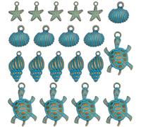 SUNNYCLUE 1 Box 32Pcs 4 Styles Conch Shell Charms Bulk Green Patina Charms Antique Bronze Turquoise Color Starfish Turtle Seashell Sea Snail Pendants for Jewellery Making Necklaces Earring Keychains