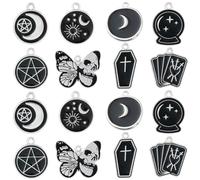 SUNNYCLUE 1 Box 32Pcs 8 Styles Black Halloween Charms Magic Charms Bulk Butterfly Coffin Alloy Holiday Moth Cross for jewellery Making Findings Necklace Earring Women Adults Craft