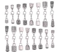 SUNNYCLUE 1 Box 32Pcs 8 Styles Bracelet Cord End Caps Kumihimo Findings with Lobster Clasp Tibetan Antique Silver Glue-in Leather Barrel Column Crimp End Caps for Bracelets Necklaces Jewellery Making