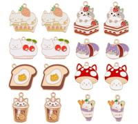 SUNNYCLUE 1 Box 32Pcs 8 Styles Enamel Cat Charm Bulk Food Charms Cute Kitty Strawberry Cake Bread Milk Tea Cup Small Animal Charm for jewellery Making Supplies DIY Necklace Bracelet Earrings Keychains