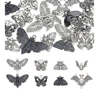 SUNNYCLUE 1 Box 32pcs 8 styles Gothic Moth Charms Silver Butterfly Charms | Halloween Alloy Black Tibetan Vintage Moon Phase Insect Butterflies Pendant for Jewellery Making Earring Bracelet Necklace