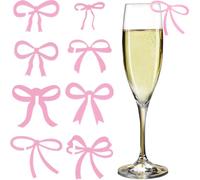 SUNNYCLUE 1 Box 32pcs 8 Styles Pink Wine Glass Tags Bow Drink Charms Coquette Acrylic Bowknot Shape Drink Wine Glass Charms Tags Identifier Labels for Valentine's Day Birthday Wedding Women Gift Decor