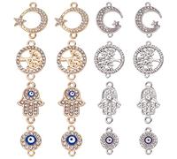 SUNNYCLUE 1 Box 32Pcs 8 Styles Rhinestone Connector Charms Evil Eye Charms Crystal Tree of Life Moon Star Hamsa Hand Lucky Link Charm for jewellery Making Charms DIY Bracelet Necklace Earring Crafts