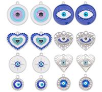 SUNNYCLUE 1 Box 32Pcs 8 Styles Rhinestone Evil Eye Charm Silver Enamel Evil Eye Charms Bulk Flat Round Heart Cubic Zirconia Alloy Pendants for Jewellery Making Earrings Necklaces DIY Craft Supplies