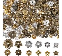 SUNNYCLUE 1 Box 360pcs 12 Styles Tibetan Alloy Flower Metal Flower Spacer Beads Silver Gold Bronze Vintage for Bracelet Necklace Metal Making