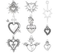 SUNNYCLUE 1 Box 36Pcs 9 Styles Sacred Heart Charm Silver Heart Charms Bulk Tibetan Metal Antique Arrow Valentines Love Pendants for Jewellery Making Diy Crafts Earrings Necklace Cinco De Mayo