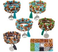 SUNNYCLUE 1 Box 4 Sets Bracelet Making Kit Tree of Life Charms Tree Charm Bohemian Multi Strand Bracelets Wood Spacer Bead Lucky Turquoise Beads for Jewellery Making Kits Adults DIY Craft Supplies