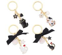 SUNNYCLUE 1 Box 4 Styles Cat Key Chains Bulk Kitty Keychains Enamel Alloy Mini Cat Paw Charms Bow Floral Star Funny Meme Cute Animals Keyrings for Backpack Party Favors Women Gifts Supplies Decors