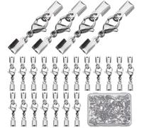 SUNNYCLUE 1 Box 40 Sets Fold Over Cord End Crimp Bracelet Clasp Leather Clasps and Closures Stainless Steel Lobster Claw Clasps Cord Clamp End Caps Terminators Crimp End Tips for Jewellery Making Kits