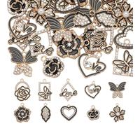 SUNNYCLUE 1 Box 40Pcs 10 Styles Valentines Day Rhinestones Charms Love Charm Bulk Heart Flower Butterfly Leaf Hollow Black Gold Charm for Jewellery Making Charms DIY Necklace Bracelet Earrings
