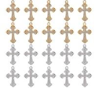 SUNNYCLUE 1 Box 40Pcs 2 Colors Rhinestone Cross Charm Mini Crosses Charms Bulk Gold Silver Easter Baroque Cubic Zirconia Crucifix Pendants for Jewellery Making Diy Bracelet Earrings Necklace Wristband