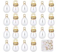 SUNNYCLUE 1 Box 40Pcs 2 Style Teardrop Diamond Pearl Beads Crystal Rhinestone Pearl Charms Bulk ABS Plastic Imitation Pearl Pendants For jewellery Making Charms DIY Craft Necklace Bracelet Earring