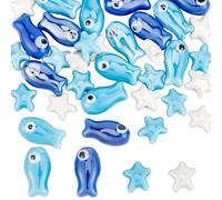 SUNNYCLUE 1 Box 40Pcs Fish Beads Porcelain Ceramic Beads Blue White Ocean Sea Summer Hawaii Fishes Starfish Loose Spacers for Jewellery Making Supplies DIY Bracelets Necklace Earrings Women Adults