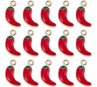 SUNNYCLUE 1 Box 40Pcs Red Chili Charms Vegetable Charms Alloy Enamel With Golden Edge Italian Horn Lifelike Spicy Chili Lucky Food Charm for Jewelry Making Charms Craft Diy Supplies Bracelet Women