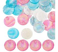 SUNNYCLUE 1 Box 40Pcs Shell Charms Seashell Charm Capiz Shells Slices AB color 25mm Flat Round Blue Pink Sea Summer Ocean for jewellery Making DIY Wind Chime Earring Supplies