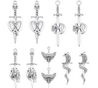 SUNNYCLUE 1 BOX 40pcs Silver Swords Charms Gothic Tibetan Ancient Halloween Skeleton Head Skull Sword Gun Fence Moth Bulk Making Charm