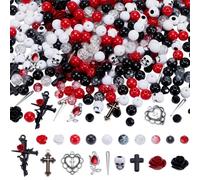 SUNNYCLUE 1 Box 424Pcs Gothic Skull Beads Halloween Theme Beads 10m Elastic Cord Black Red Cross Rose Flower Metal Resin Stone Loose Spacers for Jewellery Making Kits DIY Necklace Bracelets Supplies