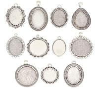 SUNNYCLUE 1 Box 44Pcs 11 Styles Silver Bezel Settings Cabochon Pendants Metal Alloy Vintage Tibetan Oval Round Basic Blanks Trays Cabochons Charm for Jewelry Making Charms Necklace DIY Crafts Supplies