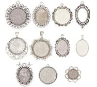 SUNNYCLUE 1 Box 44Pcs 11 Styles Silver Charm Bezel Tray Charms Bulk Metal Alloy Vintage Tibetan Oval Round Basic Blanks Trays Cabochons Charm for Jewelry Making Charms Necklace DIY Crafts Supplies