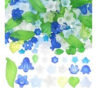 SUNNYCLUE 1 Box 460Pcs Blue Flower Beads Flowers and Leaves Beads Acrylic Transparent Green Leaf Bell Floral Spring Blossom Loose Spacer for Jewellery Making DIY Necklace Bracelet Charms Keychain