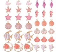SUNNYCLUE 1 Box 48Pcs 12 Styles Enamel Ocean Charms Pink Seashell Charm Bulk Seahorse Starfish Whale Sea Shell Creature Marine Life Summer Beach Pendants for Necklaces Earring Keychains Jewellery
