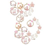 SUNNYCLUE 1 Box 48Pcs 12 Styles Pink Flower Charms Enamel Cat Rabbit Animal Floral Hollow Flat Round Alloy Pendants Bulk Gold Plated for Jewelry Making Charms DIY Bracelets Earrings Findings