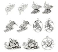 SUNNYCLUE 1 Box 48Pcs 6 Styles Halloween Silver Charm Metal Animal Charms Bulk Alloy Vintage Antique Holiday Cat Bird Snail Star Pendants for Jewelry Making Earrings Bracelets DIY Crafts Supplies