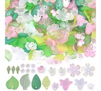 SUNNYCLUE 1 Box 500Pcs Leaf and Flower Bead Kit Acrylic Assorted Beads Set Cute Pink Spring Lily Cherry Blossom Green Leaves Loose Spacer for Jewellery Making Necklace Charms Craft DIY Supplies Women