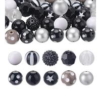 SUNNYCLUE 1 Box 50Pcs 10 Styles Black Halloween Beads Set Bubblegum Beads Bulk Acrylic Bead 20mm Large White Clear Plastic Holiday Round Loose Spacer Bead for jewellery Making Beads Necklace DIY Craft