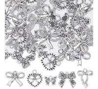 SUNNYCLUE 1 Box 50Pcs 5 Styles Bow Charms Bowknot Charm Alloy Silver Hollowed Tibetan Style Halloween Christmas Bow knot Charms for jewellery Making Charms Supplies DIY Crafting Necklace Bracelets