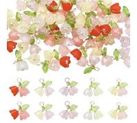 SUNNYCLUE 1 Box 50Pcs Acrylic Flower Charms Lily Flower Charms Colorful Double Floral with Leaf Imitation Pearl Lily of The Valley Dangle Pendants for Jewelry Making Supplies DIY Earring Bracelet