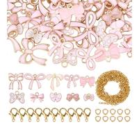 SUNNYCLUE 1 Box 50Pcs Bow Enamel Charms Bowknot Charm Cute Pink Bows Pendants With 50Pcs Jump Rings 50Pcs Lobster Claw Clasps 1M Jewellery Chains for Jewellery Making DIY Bracelet Necklace Earrings