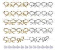 SUNNYCLUE 1 Box 50Pcs Earring Post Findings Bowknot Bow Ear Studs with Loops 20Pcs Stud Earrings with 30Pcs Plastic Nuts Silver Golden Ear Posts for Jewellery Making Accessories DIY Crafts Supplies
