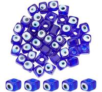 SUNNYCLUE 1 Box 50Pcs Evil Eye Glass Beads Blue Glass Cube Beads Bulk Handmade Turkish Eyes Crystal Large Hole Square Lampwork Loose Spacers for Jewellery Making Supplies Bracelet Necklace Diy Craft