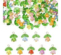 SUNNYCLUE 1 Box 50Pcs Lily of The Valley Flower Charms Floral Acrylic Charms Colorful Bell Flower Glass Green Leaf with Brass Loop Dangle Pendants for Jewelry Making DIY Earrings Crafts Supplies
