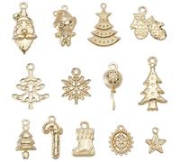 SUNNYCLUE 1 Box 52Pcs 13 Styles Metal Christmas Charms Gold Christmas Tree Charm Bulk Alloy Santa Claus Snowmen Snowflakes Stockings Holiday Charm for Jewelry Making Charms DIY Craft Necklace Bracelet