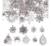 SUNNYCLUE 1 Box 54Pcs Spider Charms Tibetan Style Spider Web Charms Spiders Charm Halloween Spiderweb Antique Silver Hollow Metal Alloy Charms for Jewelry Making Charm DIY Earrings Hanging Ornament