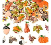 SUNNYCLUE 1 Box 56Pcs 14 Styles Thanksgiving Earring Charms Fall Autumn Enamel Charms Bulk Gold Metal Alloy Holiday Harvest Pumpkin Maple Leaf Turkey Pendants for Jewelry Making Bracelet DIY Crafts