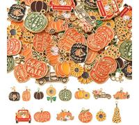 SUNNYCLUE 1 Box 56Pcs 14 Styles Thanksgiving Earring Charms Pumpkin Charm Bulk Gold Metal Alloy Enamel Orange Fall Autumn Holiday Pumpkins Sunflower Pendants for Jewellery Making Bracelet DIY Crafting