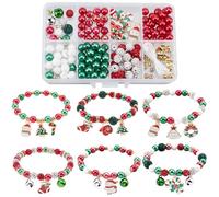 SUNNYCLUE 1 Box 6 Sets Christmas Bracelet Kits Christmas Enamel Charms Xmas Tree Sock Candy Cane Snowman Charm Red And Green Beads for Jewellery Making Kits Beginners Adults Women DIY Gift Supplies
