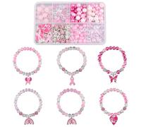 SUNNYCLUE 1 Box 6 Sets Pink Bracelet Making Kit Breast Cancer Awareness Bracelets Glass Beads Bow Heart October Ribbon Charms for Jewellery Making Kits Supplies Handmade Women Beginners Adults Starter