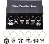 SUNNYCLUE 1 Box 6 Styles Bow Wine Glass Charms Cute Wine Charms Black Enamel Heart Bowknot Coquette Bowtie Drink Decorations Identification Tag for Holiday Party Favor Christmas Champaign Gifts Women